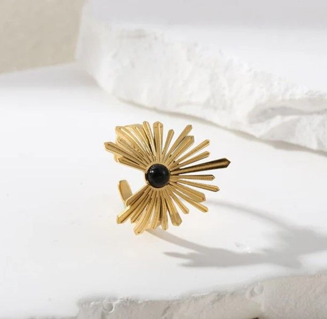 Bague Dorée Motif Eclat Avec Pierre Noire en acier Inoxydable 