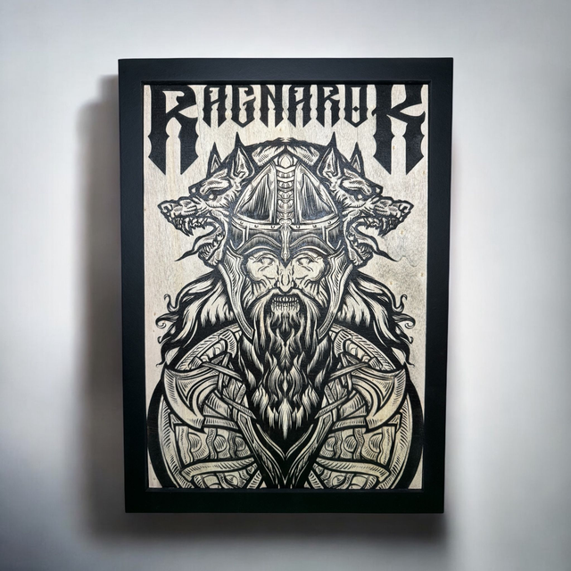 Gravure Viking Ragnarok avec viking et deux chiens – Art mural nordique en bois 