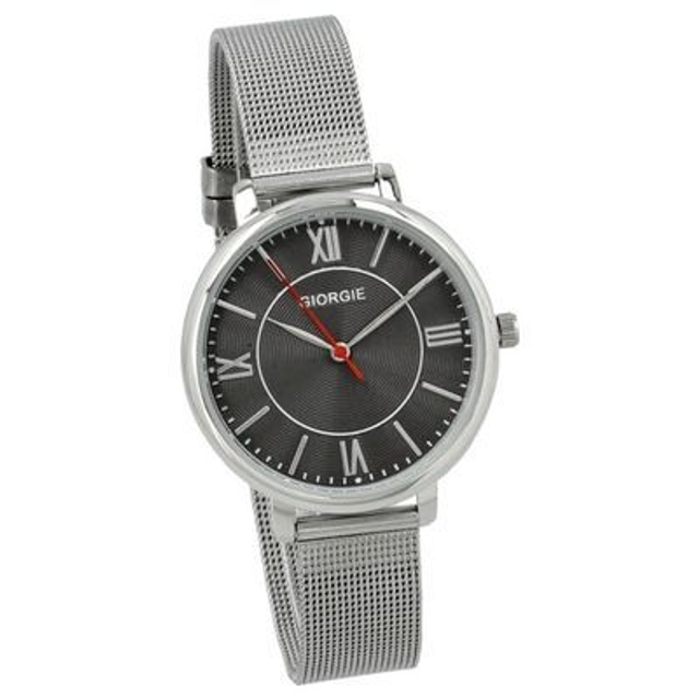 Montre Giorgie femme fond noir, et son bracelet acier inoxydable de couleur argentée,