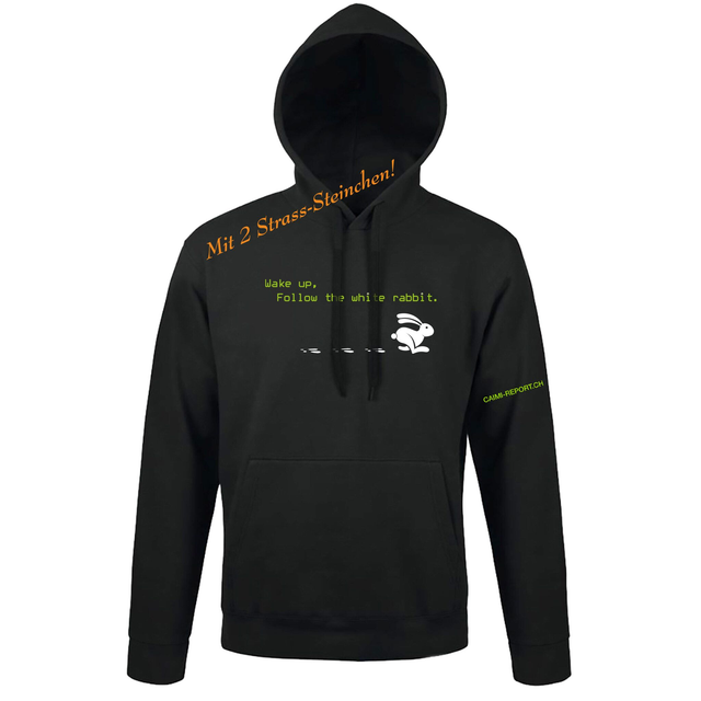 Hoodie, White Rabbit, Sujet 2, verziert mit 2 Strass-Steinen, schwarz, unisex