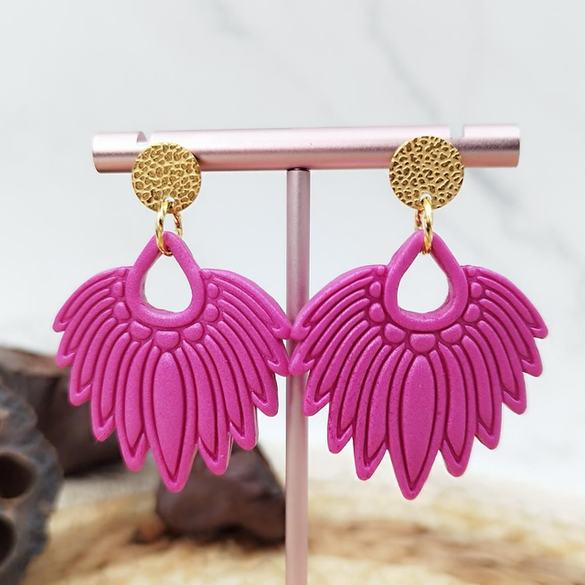 Boucles d&#039;oreilles Feuille &quot;Palma&quot; Fuchsia Nacré Doré