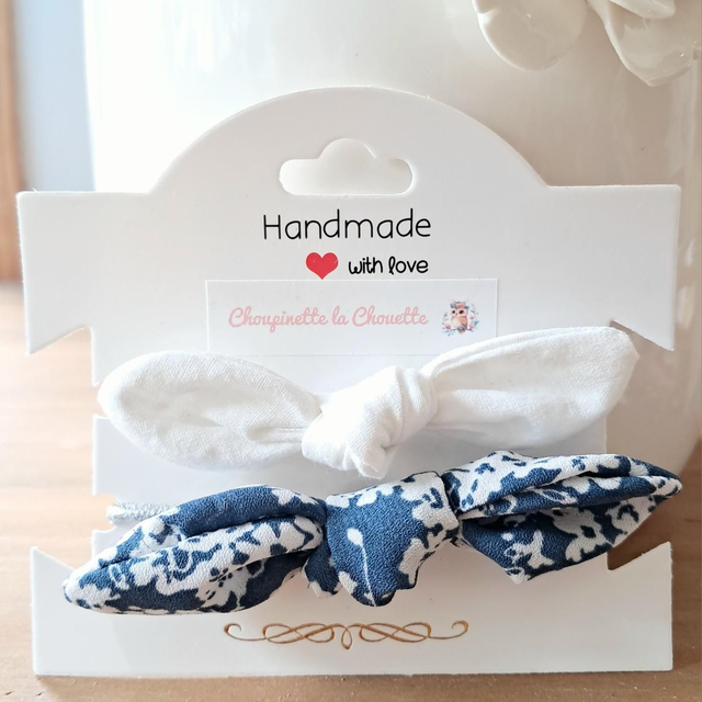 Élastiques à cheveux avec nœud - lot bleu et blanc