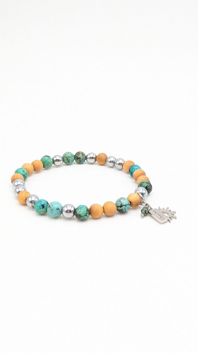 ☀️ Bracelet Turquoise africaine, Bois de senteur &amp; Hématite argentée – Soleil