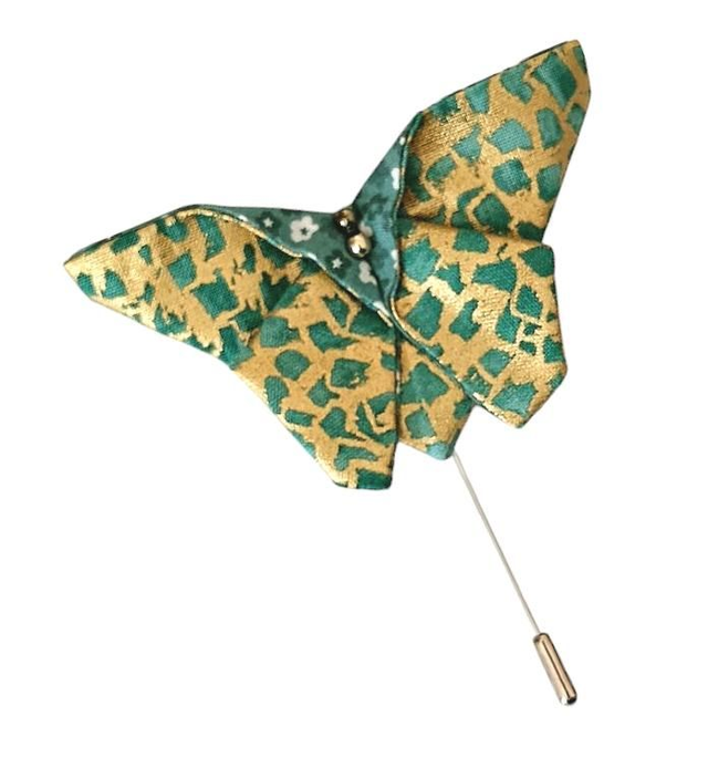 Broche origami / Epingle à chapeau / Broche origami papillon vert et or