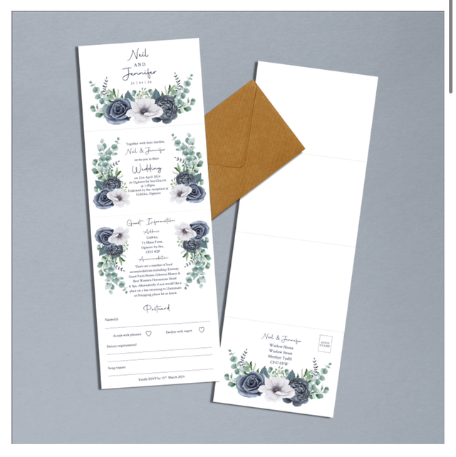 Dusty blue and white florals - concertina Wedding invitations - including guest information &amp; RSVP