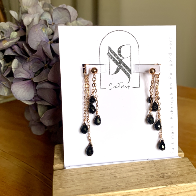 Boucles d'oreilles Victoria, en or rose laminé (Goldfilled), Calcédoines noires naturelles