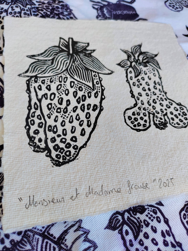 impression linogravure fraises "Monsieur et Madame Fraise" 15X15cm