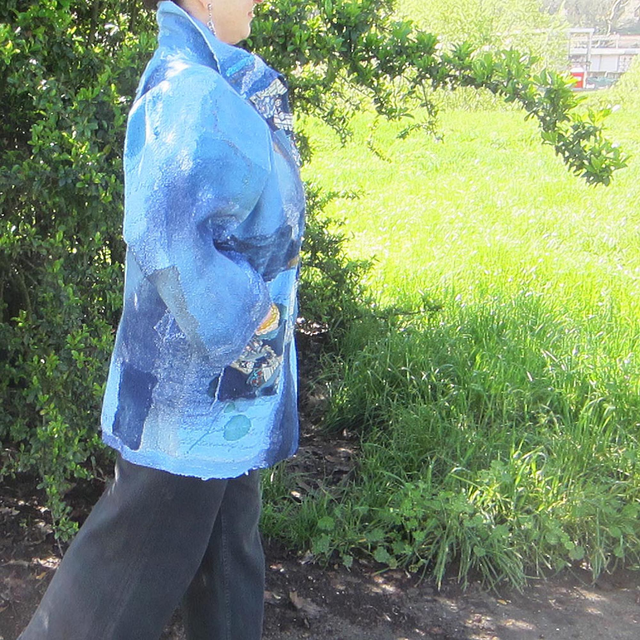 Cardigan Cappotto feltro lana merino seta blu Cappotto fatto a mano da donna Boho
