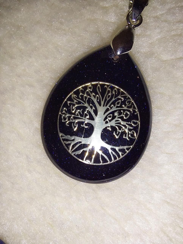 Blue goldstone, Tree of life, teardrop necklace 