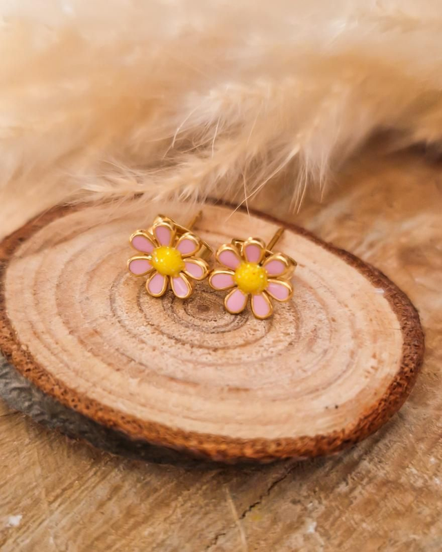 Boucles d'oreilles puces "Marguerites" - Modèle rose et jaune