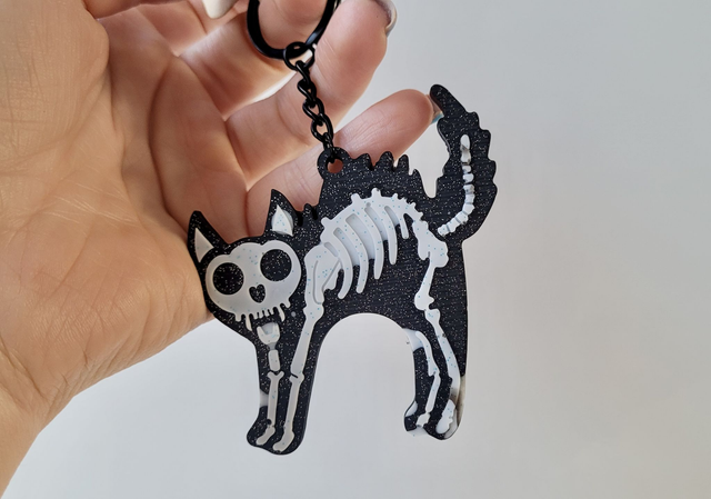 Black &amp; White Glitter Skeleton Cat Keychain - Hellcat Keyring