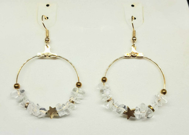 Boucles d&#039;oreilles chips de cristal de roche et acier or inoxydable