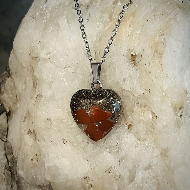 Crystal Energy Heart Pendant with Red Jasper/metal shavings (small)