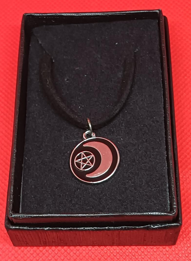 Enamel Black &amp; Silver Pentagram and Moon Pendant Necklace.