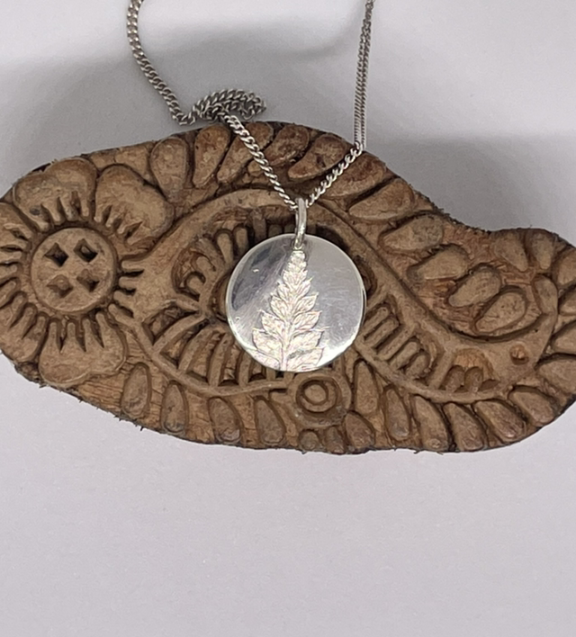 Fern Embossed Silver Circular Pendant and Chain