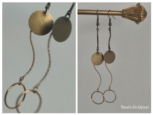 Boucles d&#039;oreilles longues cercles bronze &amp; doré -sans nickel 