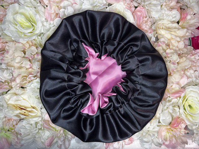 Bonnet en satin soie réversible rose & noir | Protection cheveux nuit | Anti-frisottis | Tailles S, M, L | Double face fait main
