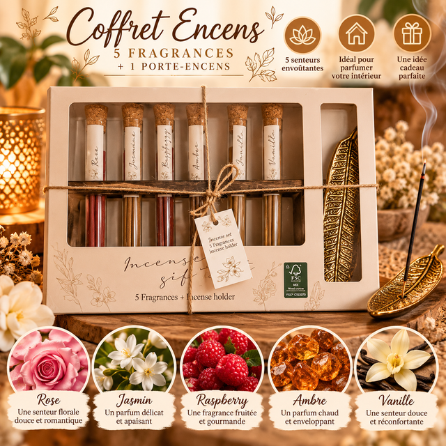 🌸 Coffret Encens Parfumés – 5 Senteurs &amp; Porte-Encens Doré ✨
