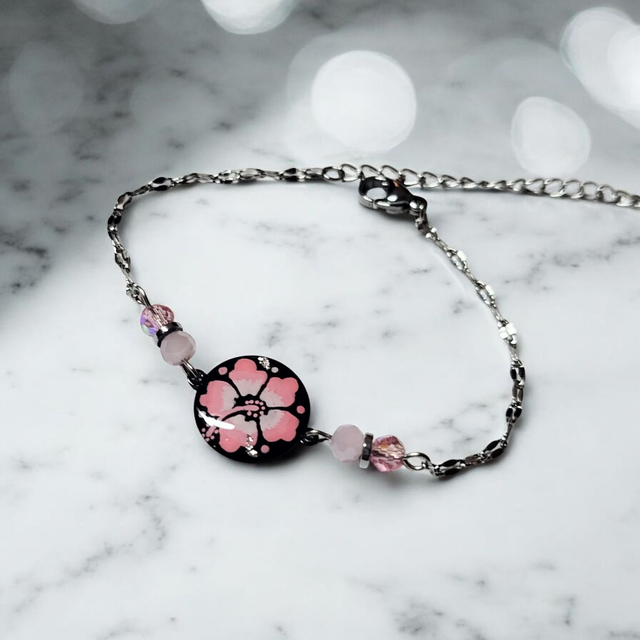 Bracelet dessiné Flora acier inoxydable rose
