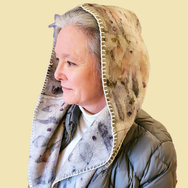 Wool Scoodie - eco-printed with eucalyptus leave, onion skin and madder root