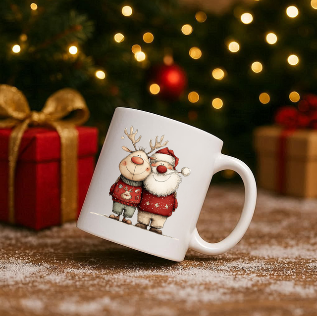 Vintage Santa &amp; Reindeer 11oz Ceramic Printed Mug Design 22