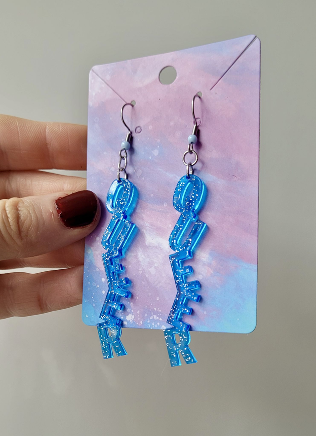 Earrings- Blue &amp; Silver Glitter QUEER Earrings | Stainless Steel Beaded Hooks