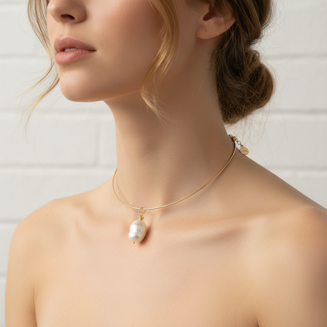 Collana rigida Luxor Sun, girocollo rigido in alluminio placcato argento 925 e poi oro 24k, con pendente in perla gigante AAA