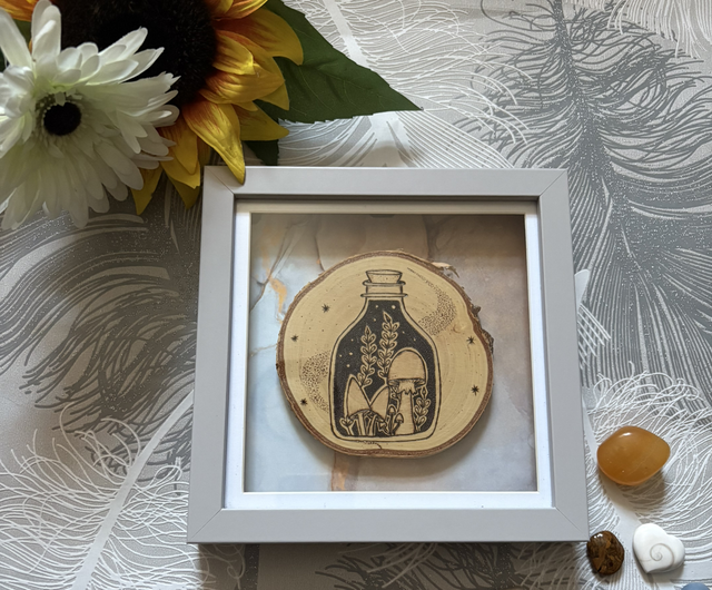 Framed silver birch slice with mushrooms In a jar design. 