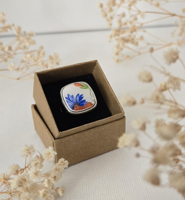 Bague - faïence de Salins-les-Bains - acier inoxydable argenté 