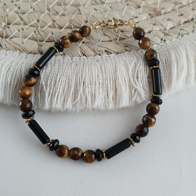Damesarmband Tijgeroog & Onyx – met RVS spacers en sluiting (1.230)