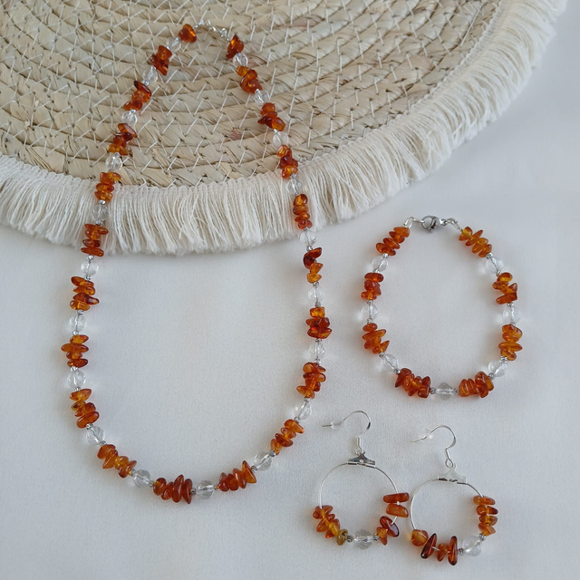 Dames sieradenset "Zonnestraal Balans" –  Barnsteen &amp; Bergkristal – Handgemaakt met Stainless Steel Accenten (1.232)