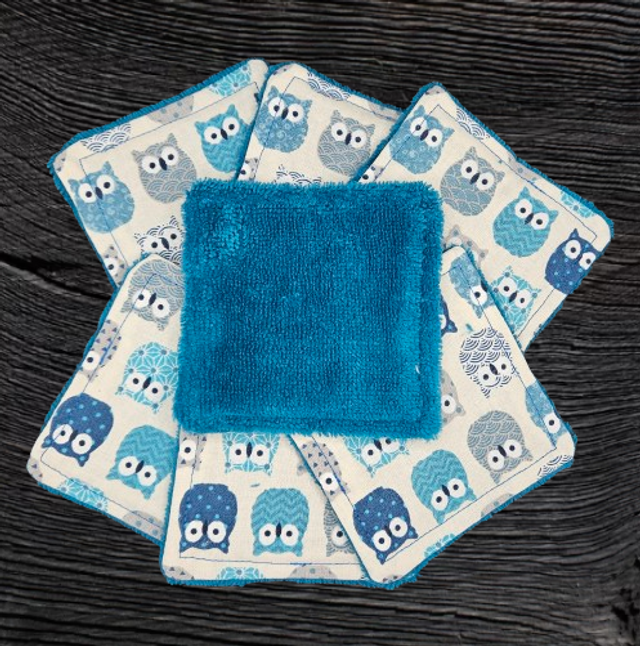lot de 7 cotons lavables, hibou turquoise