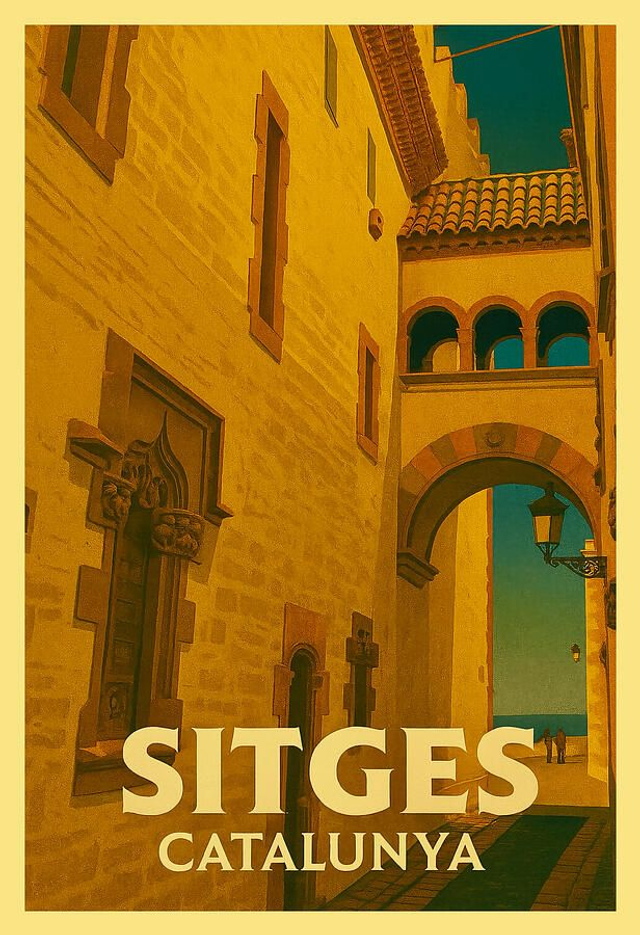 Sitges, Catalunya, España. Póster vintage con la imagen del Palau de Maricel (Arco al Mar).