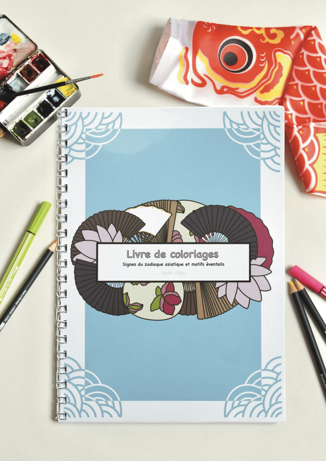 Livre de 13 coloriages « Signes du zodiaque asiatique et motifs éventails »  