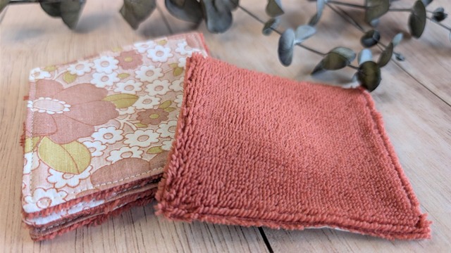 Lingettes démaquillantes lavables - Collection "Vintage Flower Power", + bambou terracotta, le lot de 5