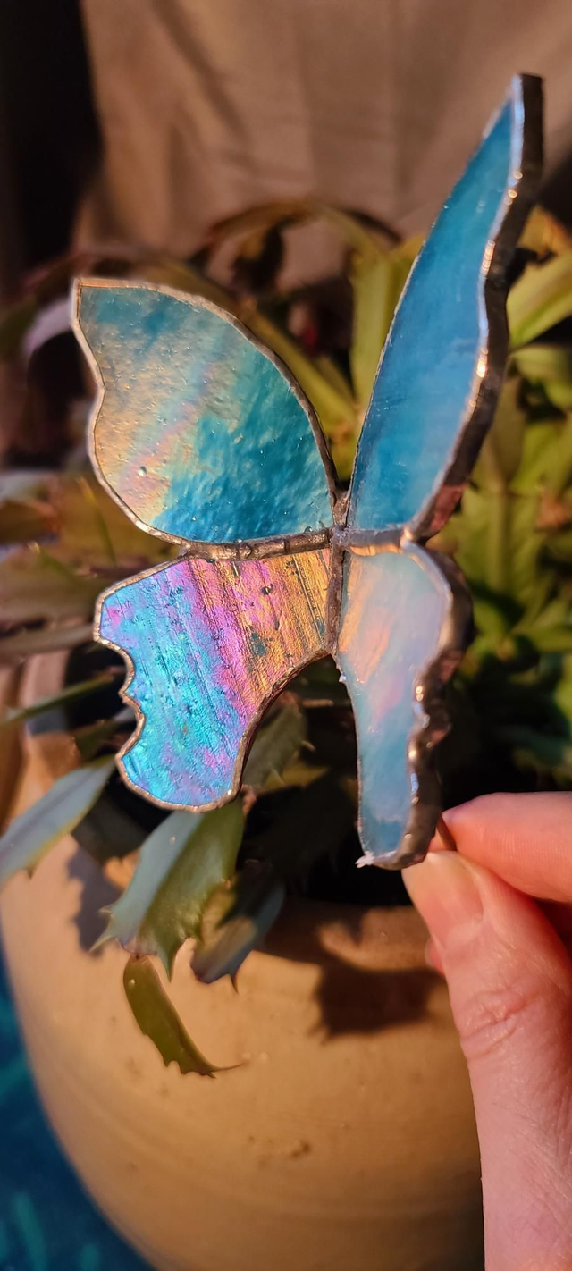 Papillon en Tiffany en verre bleu opalescent et iridescent bleu.  