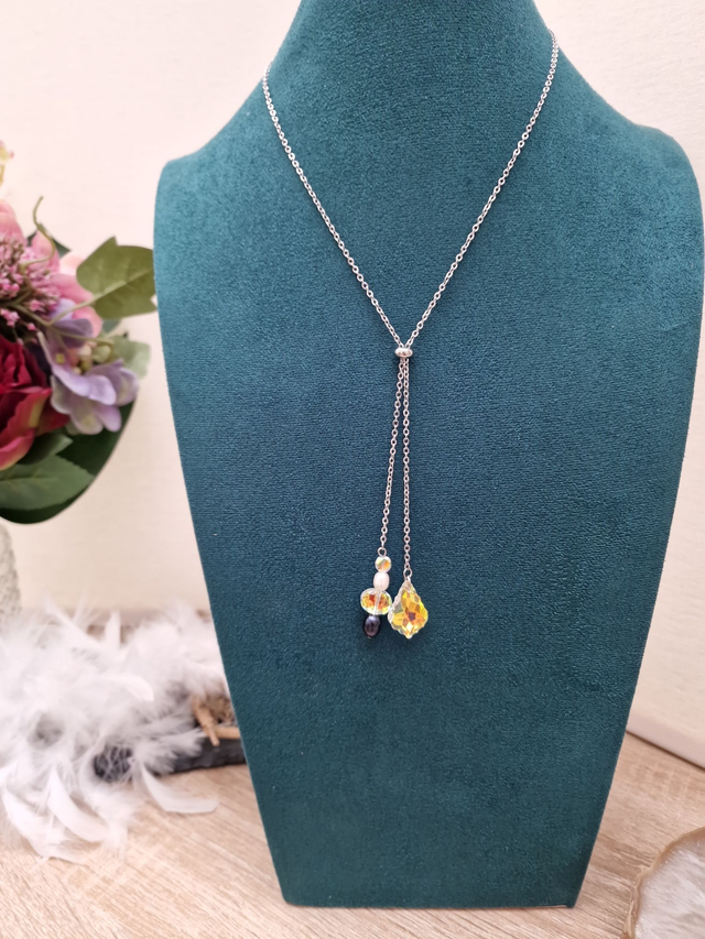 Collier Perles D'eau Douce Cristal Acier Argenté