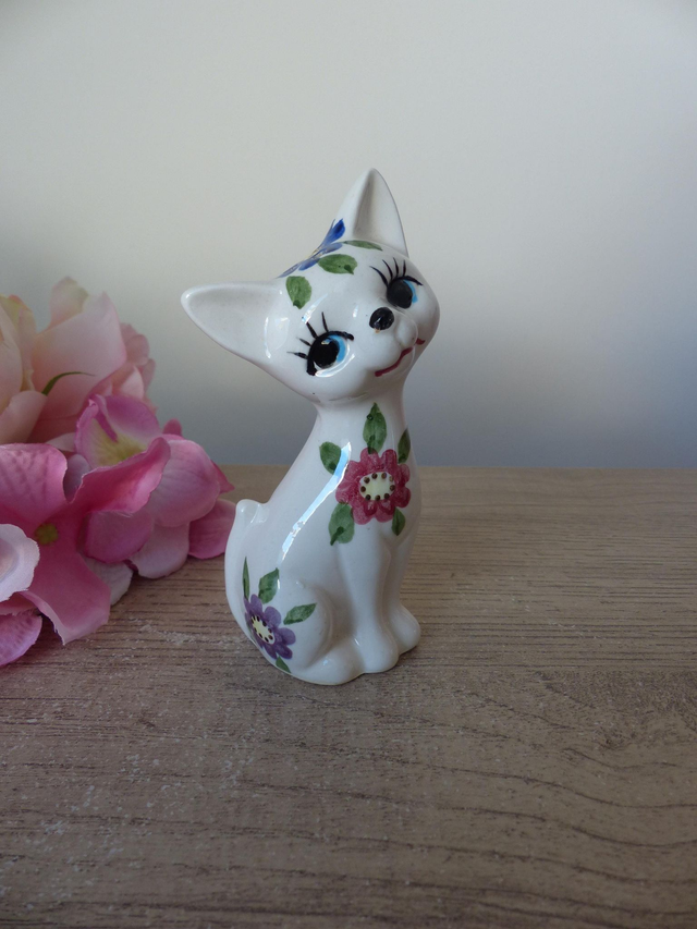Salière chat vintage en céramique, figurine chat style rétro années 70 blanc peint à la main, campagne, shabby chic, collection salières