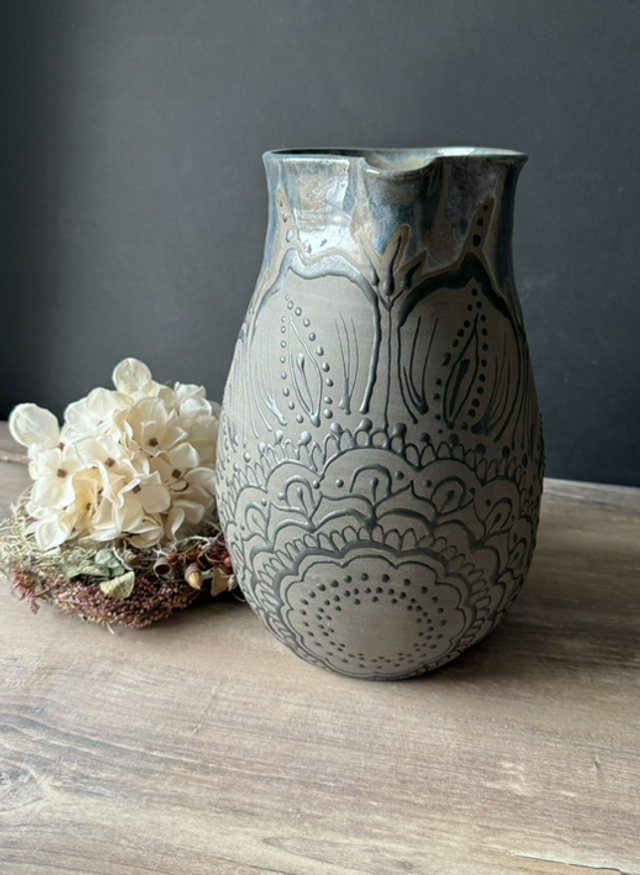 XL Stoneware handmade Jug/Pitcher 3 L, with dark blue colors