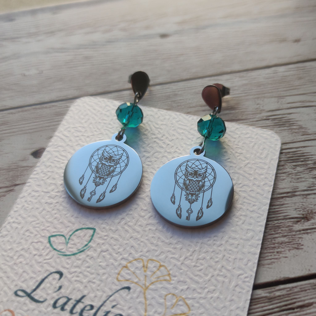 Boucles d&#039;oreilles &quot;Attrape-rêves&quot; gravés argentés