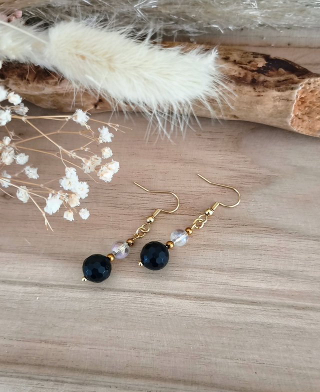 A Boucles d'oreilles "Boules" Obsidienne facettée