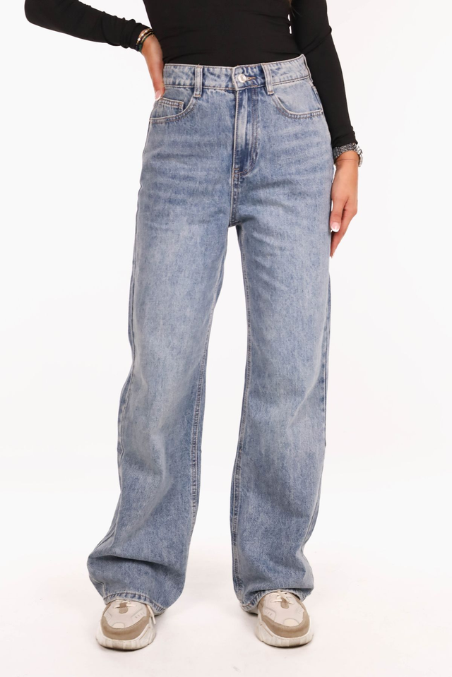 Wide leg jeans half damaged Blauw Stretch