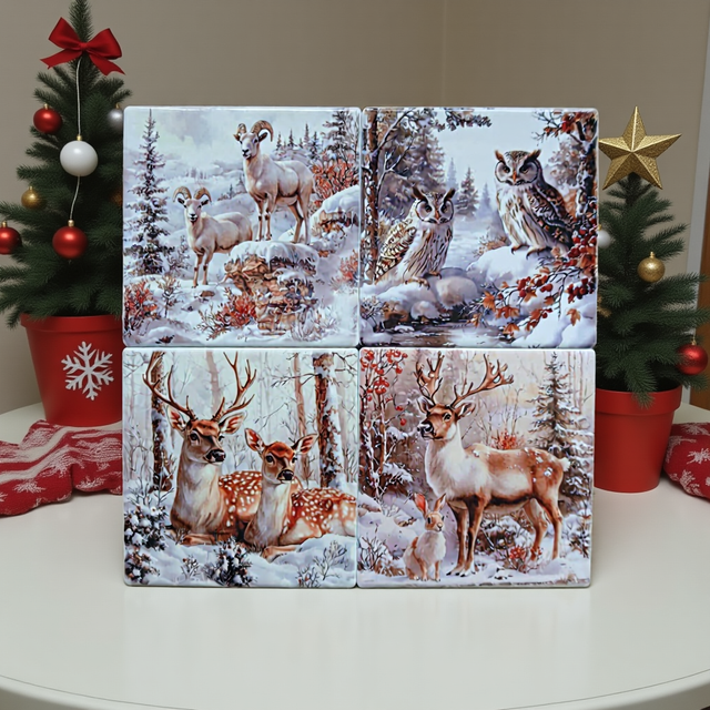 A set of four coasters with stags, owls and goats, all set in a winter scene  