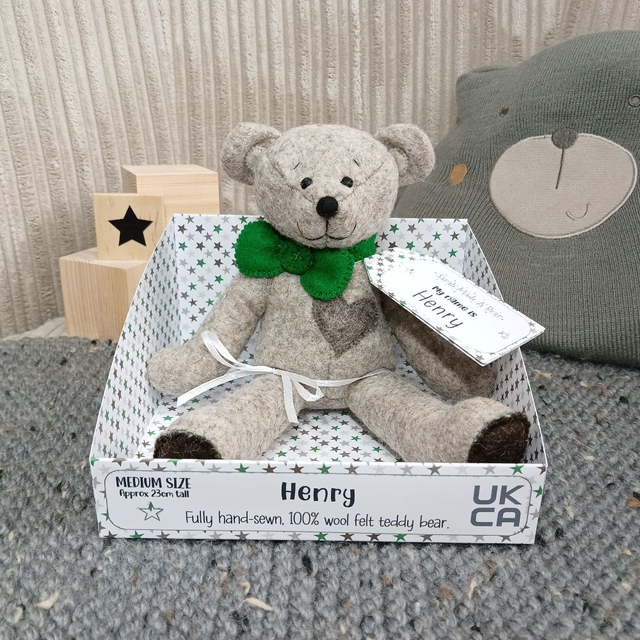 Henry. Medium size. 100% wool felt, hand-sewn teddy bear. UKCA toy. Brown. Green. Dark brown. Grey. Limited Edition wool felt.