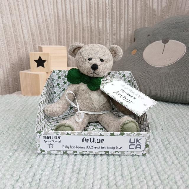 Arthur. Small size, handmade teddy bear. UKCA. Brown. Beige. Green. Limited Edition wool felt.