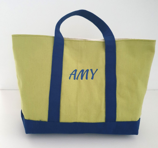 Sac en coton vert anis et bleu personnalisé Modèle Agnès