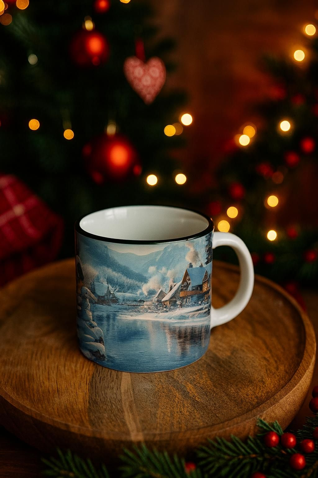 Tasse en Céramique Hivernale – Village Enneigé &amp; Paysage Montagnard