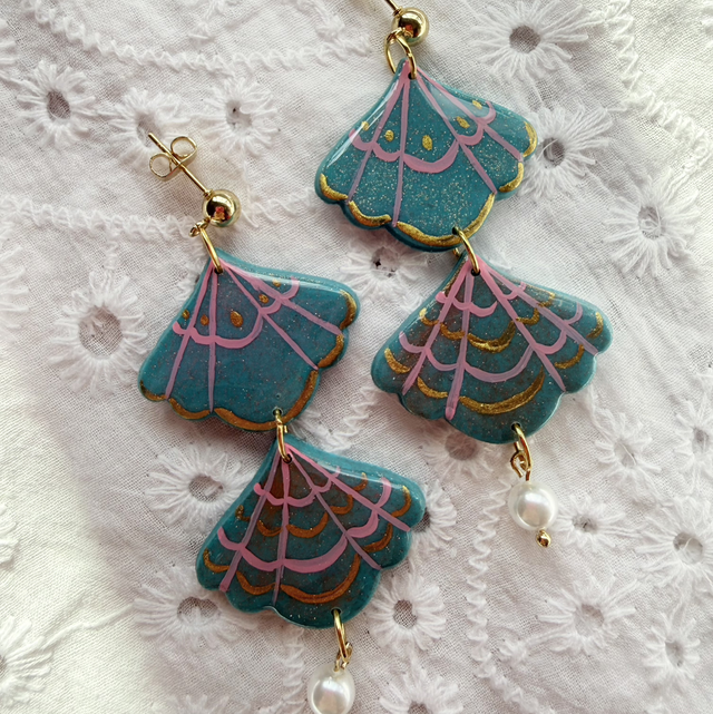 Teal and Pink Shimmer Seashell Long Dangle Pearl Earrings