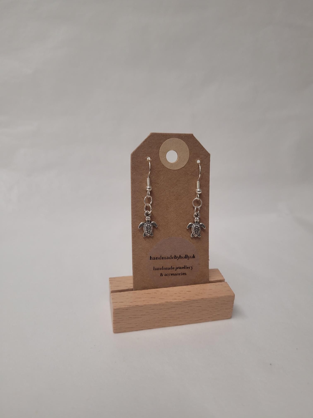 Small Turtle Charm Drop Earrings - Silver Plated - HBH-024