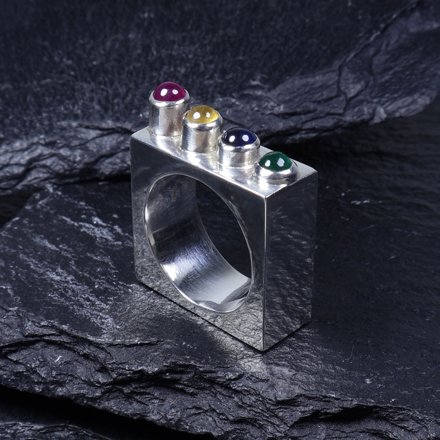 Designer Super Nintendo "Levels" Inspired Sterling Silver Natural Gemstone Round Cut Cabochon Ruby Blue Yellow Sapphire Emerald Ring Size N - 6 1/2